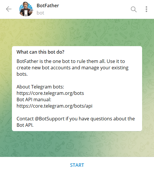 BotFather Telegram bot setup screen